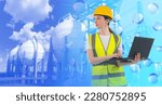 Small photo of Woman industrialist. Factory technologist with laptop. Chemical production worker. Woman in yellow uniform and helmet. Engineer looks back. Career in chemical industry. Storage tanks behind engineer