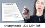 Small photo of Non-disclosure agreement. NDA agreement. Businesswoman signs document. Paper with NDA rules. Non disclosure agreement logo on contract. NDA to protect company data. Selective focus.