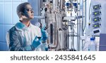 Small photo of Scientist studying biotechnology. Man stands near bioreactor. Biologist in white coat. Man scientist thought. Research in field of biotechnology. Biologist from national center. Science biotechnology