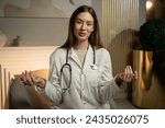 Small photo of A woman confidently sits on a chair, posing as a medical worker, dressed in a lab coat with a stethoscope around her neck. She seems to be communicating with the audience, perhaps giving out medical