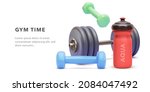 Online workout banner concept with 3d realistic dumbbells isolated on white background. Vector illustration