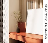 3d rendering working desk in bedroom decoration with wooden wall, empty casvas frame and sunlight from window with shadow.