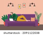 man lying on couch with... | Shutterstock .eps vector #2091122038