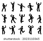Happy stick figure man dancing hands up different poses vector icon set. Stickman enjoying, jumping, having fun, party silhouette pictogram on white