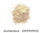 Integral rye flour pile isolated on white background, top view. Rye flour isolated on white background, top view. Heap of integral spelt wheat flour isolated on white background, top view.