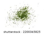 Pile of dry dill isolated on white background, top view. Heap of dry dill isolated on white. Dried fennel, crushed dill powder. Green ground dried dill isolated on white background, top view.