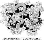 Chinese dragon with peach blossom and cloud tattoo.Japanese tattoo with water splash and black cloud.Two dragon battle illustration for T-shirt background.