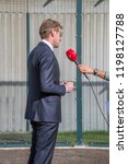 Small photo of Minister Sander Dekker Interviewed By Broadcaster Flevoland At Almere Th Netherlands 2018. Opening after moving from Utrecht To Almere City The Netherlands