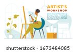 Cute woman paints on canvas in an art workshop. Artist creating picture. Art school or studio. Colorful vector illustration in flat style with a place for text. Artist
