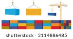 Crane lifts with cargo container. Industrial crane hook and stack of colorful cargo containers, set of elements. Freight Shipping concept. Vector illustration
