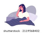 sleepless female sitting on bed ... | Shutterstock .eps vector #2119568402