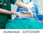 Small photo of Woman doctor using a hand to hold the belly fat Of obese woman patients, who received treatment for abdominal fat reduction surgery from obesity, to people health care and surgery concept.