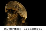Small photo of Golden bitcoin crumble cracking dust falling, cryptocurrency market crash 2021, Close up, depth of field, black background.
