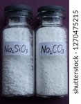 Small photo of Sodium silicate and crystal soda or sodium carbonate in glass jars.