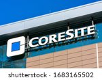 Small photo of Coresite sign and logo at a location in Silicon Valley. CoreSite Realty Corporation invests in carrier-neutral data centers and provides colocation and peering services - Santa Clara, CA, USA - 2020