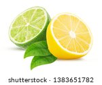 Fresh lime, lemon cut in half, with leaf isolated on white background. Clipping Path. Full depth of field.