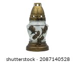 Small photo of Memorial candle snitch. Cemetery lamp. Lantern Light Isolated. Celebrating All Saints Day. Isolated on white background.