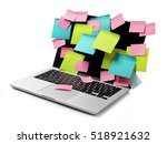 Image of laptop full of colorful sticky notes reminders on screen isolated on white. Work overload concept image