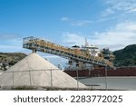 Small photo of A stockpile of salt or sodium chloride road salt, and rocksalt stockpiled for winter snow and ice deicing controls. The road salt is pilled in one mound with an excavator on top of the pile shifting.