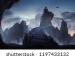 pathway to castle on foggy mountain in fantasy