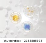 Collagen Serum bubble on Molecule Background, cosmetic oil liquid advertising 3d rendering.