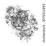 hand drawn monochrome tiger... | Shutterstock . vector #2070211892