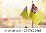 Small photo of Small flags of the Niue on an abstract blurry background.