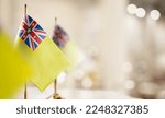 Small photo of Small flags of the Niue on an abstract blurry background.