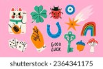 Maneki Neko, horseshoe, clover, acorn, evil eye, star, dice, fig, key, mushroom, ladybug. Talisman, amulet, good luck symbol, fortune, success, prosperity concept. Hand drawn Vector isolated elements