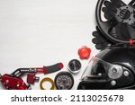 Car tuning gear concept flat lay background with copy space. Motorsport equipment.