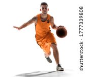 Small photo of Basketball player in action with a ball isolated on white background. Dribbling