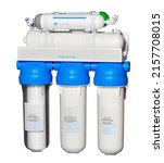 Small photo of System of water filtration cartridges with a mineralizer and a membrane for fine purification of drinking water. Reverse osmosis. Isolated on white background.