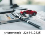 Small photo of Insurance claim accident car form, Car loan, insurance and leasing time. Planning to manage transportation finance costs. Concept of car insurance business, saving buy with tax and loan for new car.