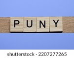Small photo of word puny made from wooden gray letters lies on a blue background