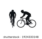 Black silhouette of a cyclist on a white background. Front view and side view. Man on a bicycle in a helmet. Silhouette. Flat vector illustration.