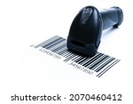 Small photo of Barcode scanning. Reader laser scanner for warehouse. Retail label barcode scan isolated on white background. Warehouse inventory management