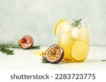 Small photo of passionfruit margarita cocktail, a drink splash in a light sunny background, Tropical drink for summer party