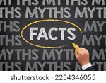 Small photo of Myths and facts concept. Myths and facts written on a black chalkboard.