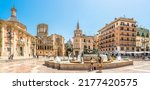 Small photo of VALENCIA,SPAIN - MAY 28,2022 - View at the Fountain of Turia ,Cathedral and Basilica of Our Lady at Virgin square of Valencia. Valencia is also the capital of the province of the same name.
