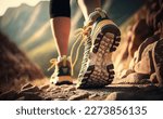 Small photo of Hiking in the mountains. Female legs with sports shoes and backpack running on a trail mountain, close up