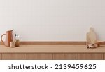 Small photo of Minimal cozy counter mockup design for product presentation background or branding with bright wood counter tile white wall with orange brown jug mug chop fork spoon bowl. Kitchen interior
