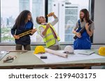 Small photo of At new construction building manger visit site and meet with supervisor and engineer relaxing have fun playing sing a song and use flash light as microphone ruller as a guitar and bass