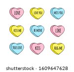 Vector hand drawn doodle set of different sweet heart candies isolated on white background. Bundle of flat cartoon conversation text sweets for valentines day