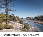 Scenic view of river flowing by trees and rock formations against clear blue sky in forest during sunny day