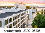 Kouvola, Finland. City Hall of the town. Beautiful cityscape. Day or evening sunset in summer. Finnish tourism and travel. Aerial panorama view.
