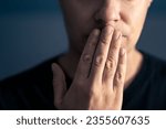 Oops, secret gossip. Lips sealed, mute. Surprise, shock. Quiet shy man cover mouth with hand. Censorship, freedom of speech or taboo concept. Secrecy or mistake gesture. No talking expression. 