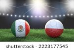 Two soccer balls in flags colors on stadium blurred background. Mexico vs Poland. 3d image