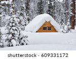 small house hidden under the snow in the forest full of snowdrifts