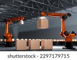 Small photo of Robot arm Industrial technology Arm Robot AI manufacture Box product manufacturing industry technology Product export import future Products food cosmetics apparel warehouse mechanical tech future.