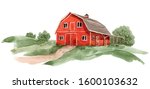 Red Farm House Barn. Watercolor ...